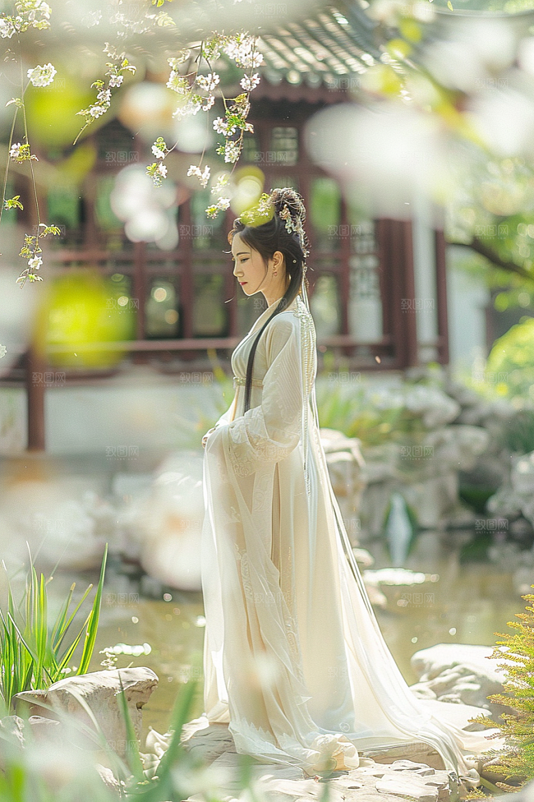 花卉汉服人物写真园林摄影图