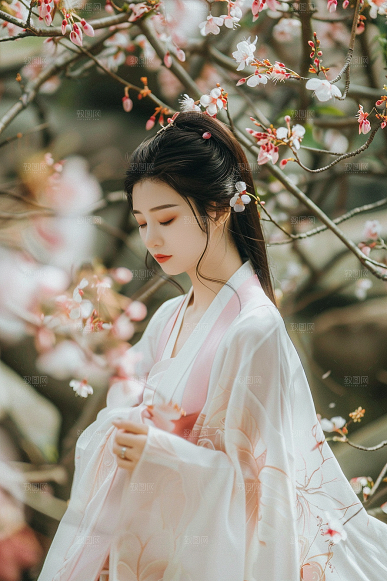 花卉汉服人物花丛唯美摄影图