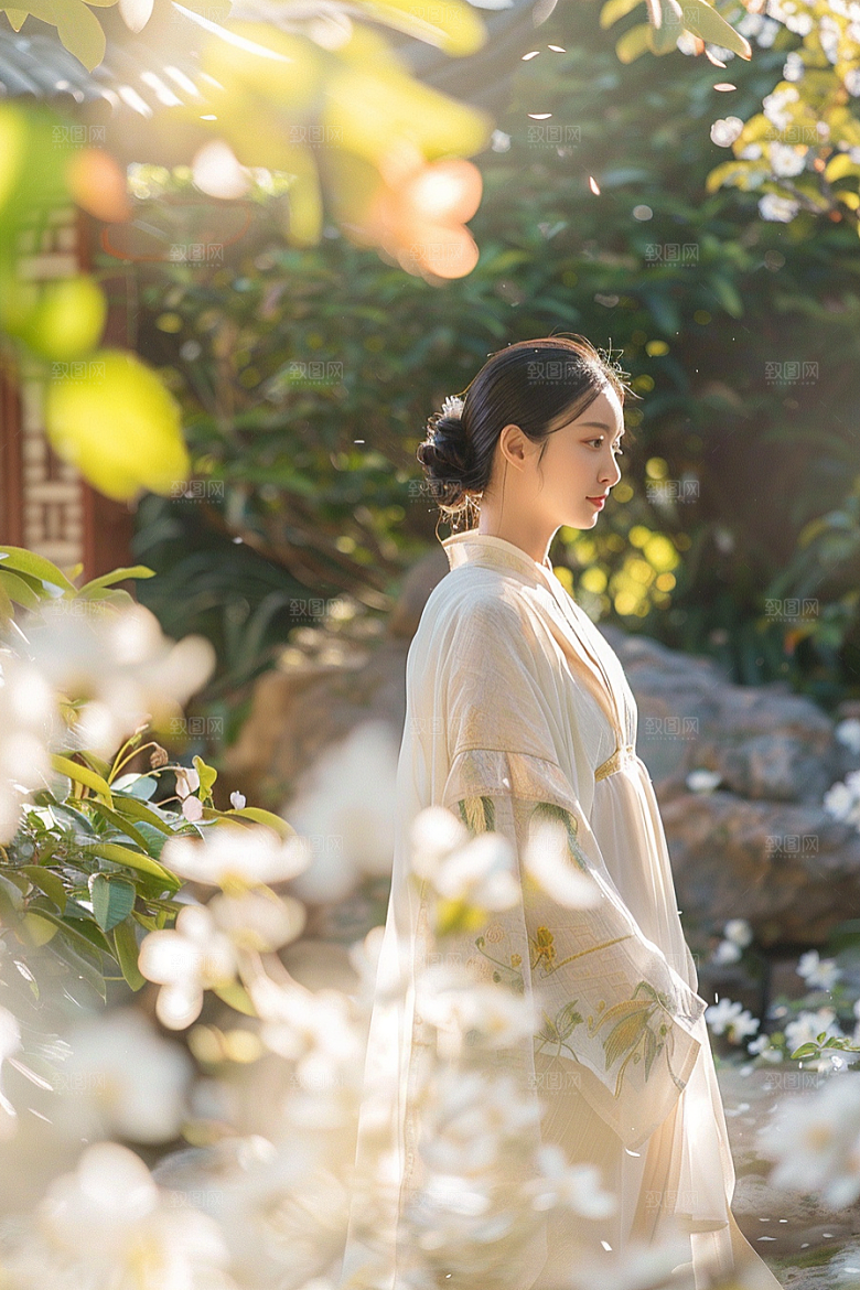 花卉汉服人物园林人像摄影图