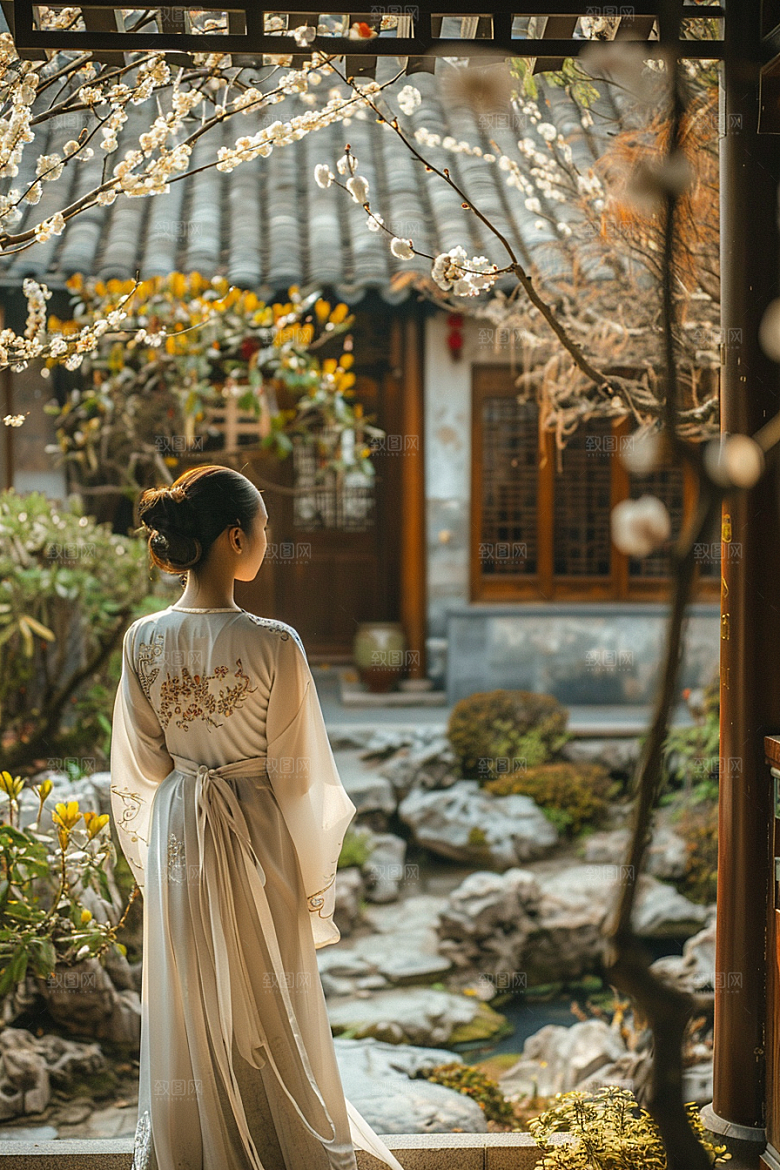 花卉汉服人物浪漫园林摄影图