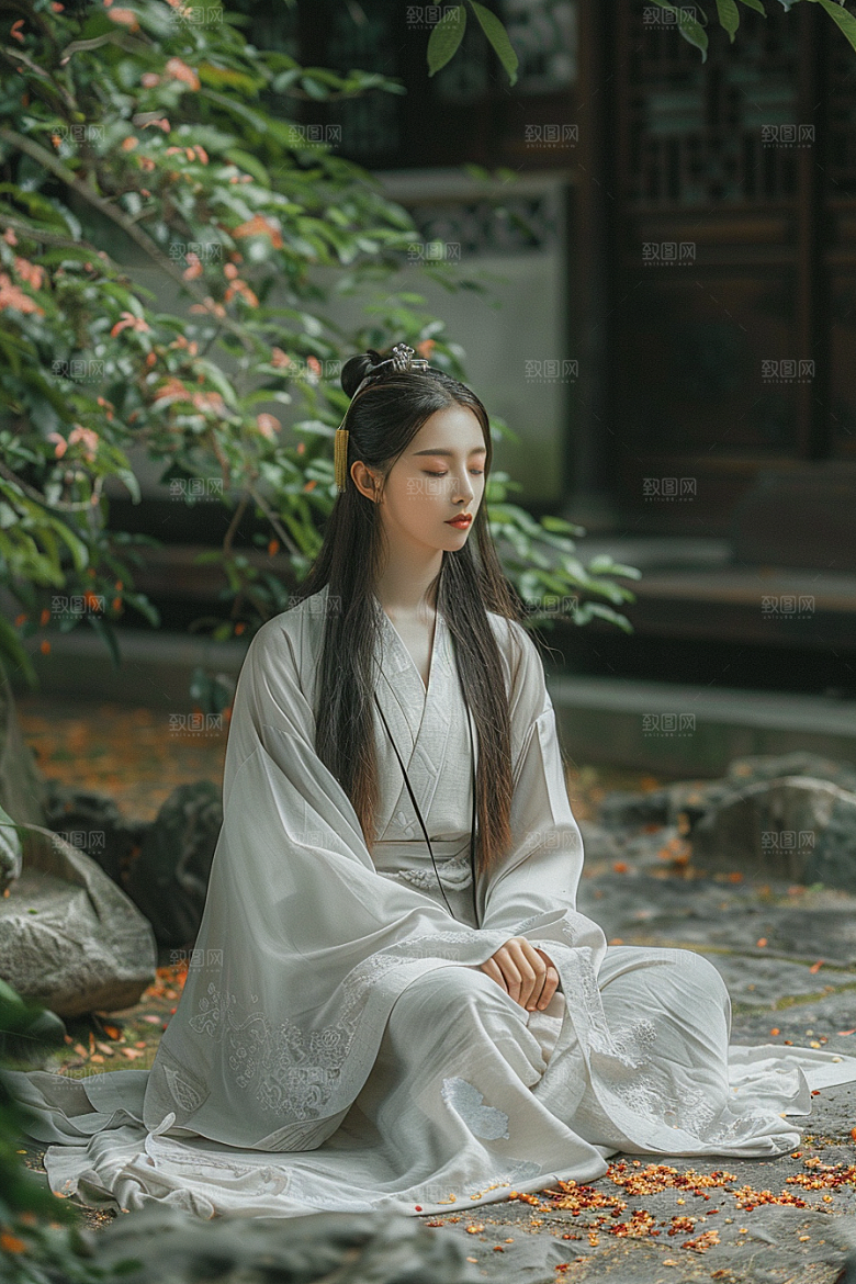 花卉汉服人物美女园林摄影图