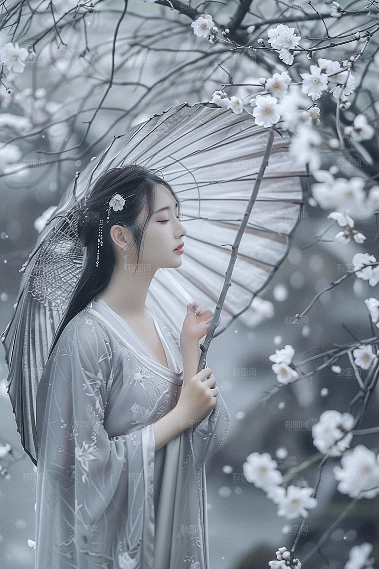 花卉汉服人物中式园林摄影图