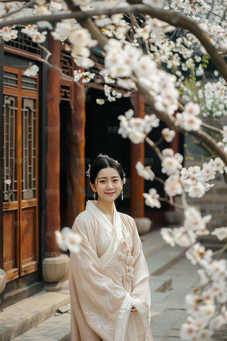 花卉汉服人物浪漫写真摄影图