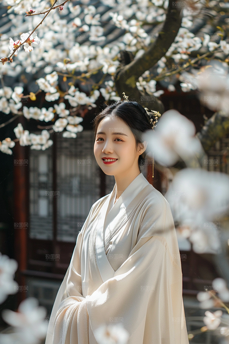 花卉汉服人物写真园林摄影图