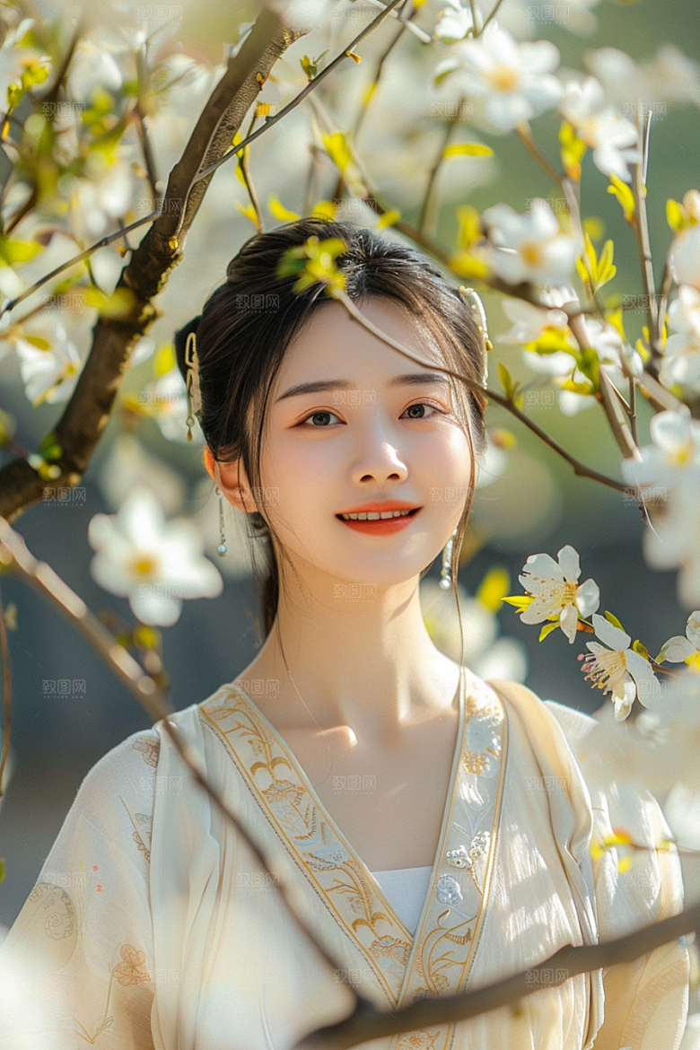 花卉汉服人物园林浪漫摄影图