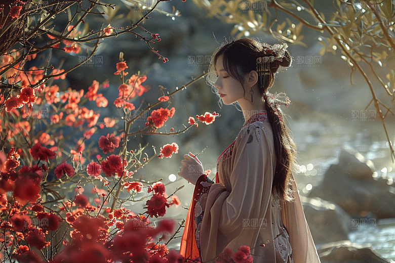 花卉汉服人物古风花丛摄影图