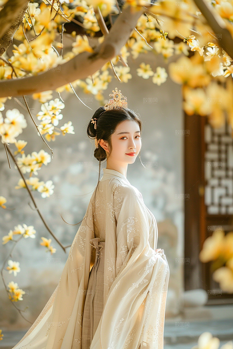 花卉汉服人物高清园林摄影图