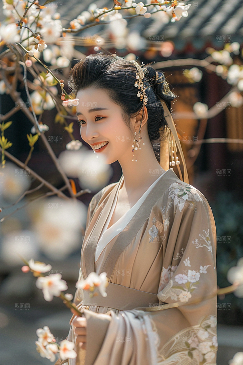 花卉汉服人物高清花丛摄影图