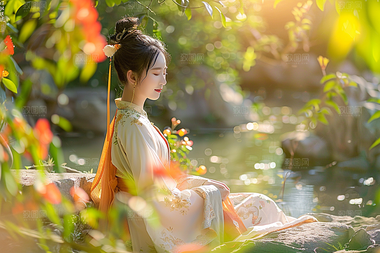 花卉汉服人物园林花丛摄影图