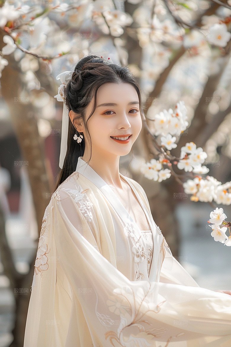 花卉汉服人物花丛浪漫摄影图