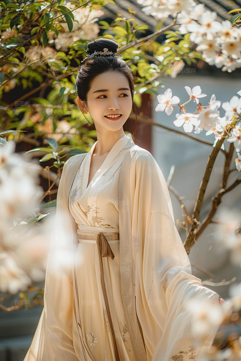 花卉汉服人物唯美园林摄影图