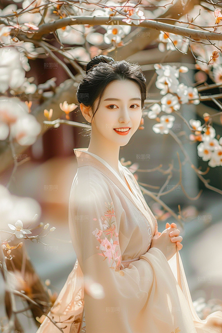 花卉汉服人物园林唯美摄影图
