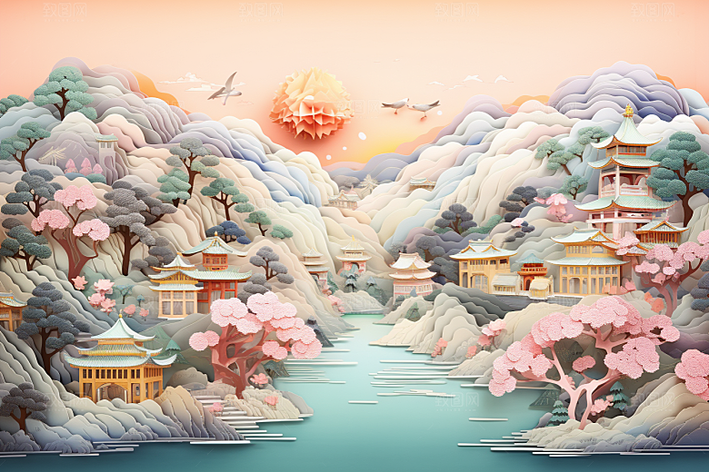 国潮风山水长城风光彩色剪纸