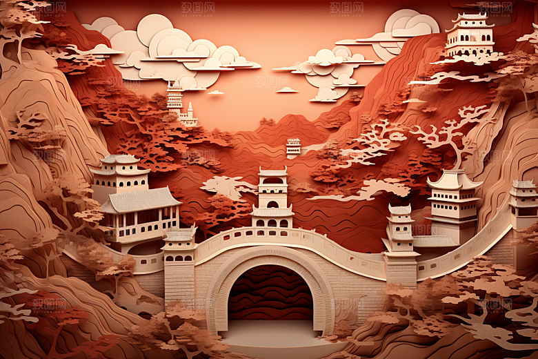 国潮风山水长城中式山河剪纸