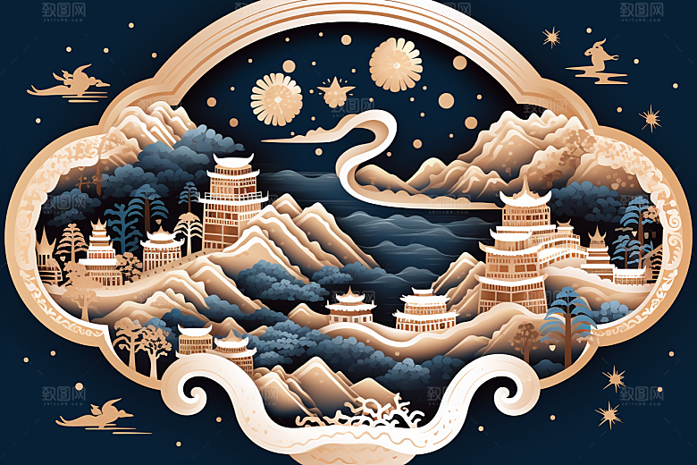 国潮风山水长城中国风中式剪纸