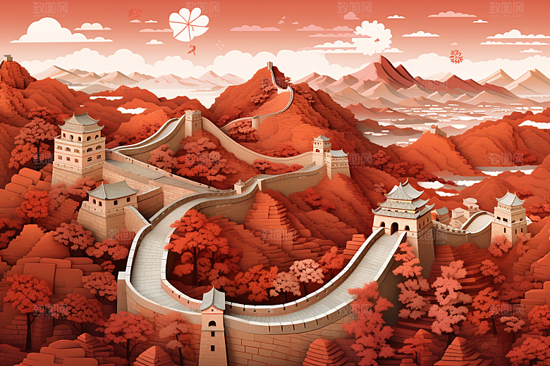 国潮风山水长城风光山河剪纸