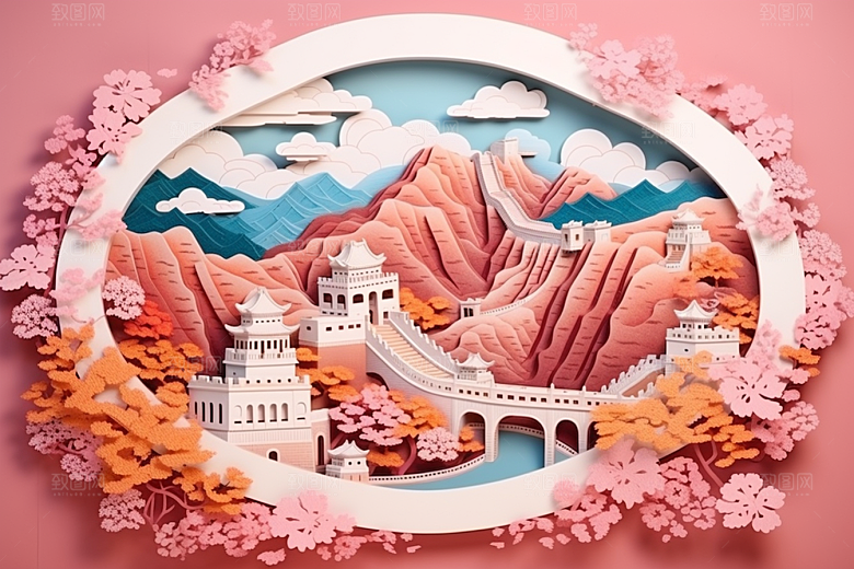 国潮风山水长城中式风光剪纸