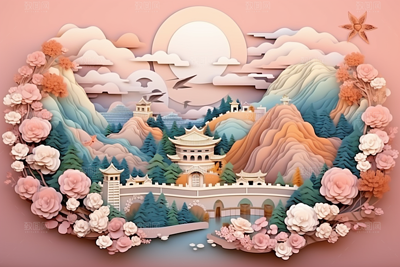 国潮风山水长城传统技艺彩色剪纸
