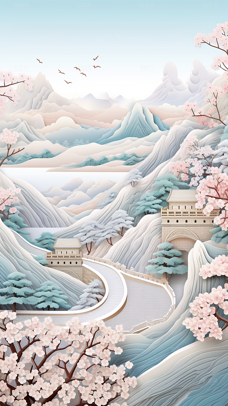 国潮风山水长城山河精致剪纸