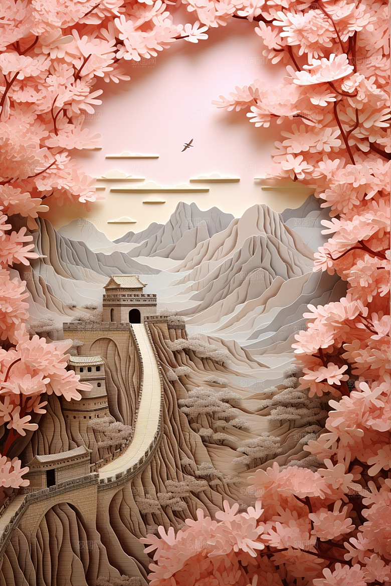 国潮风山水长城风光中国风剪纸