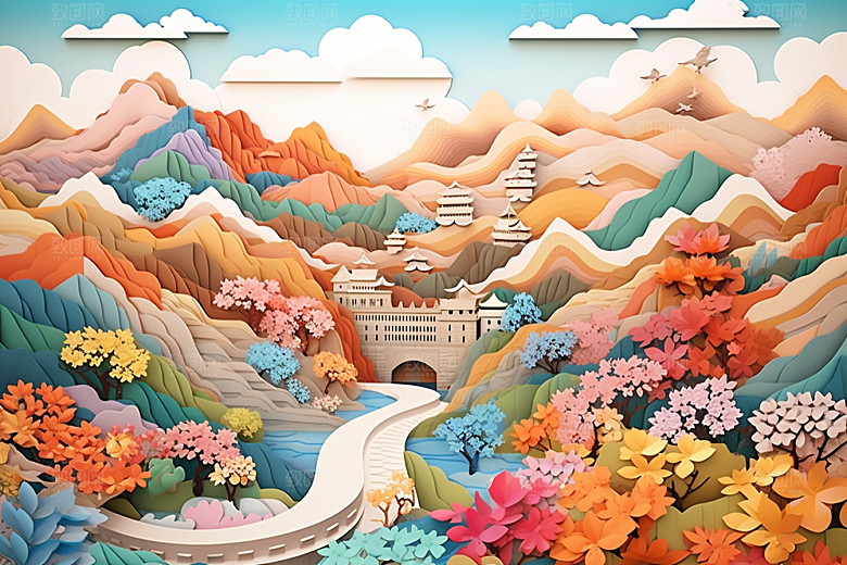 国潮风山水长城中式彩色剪纸