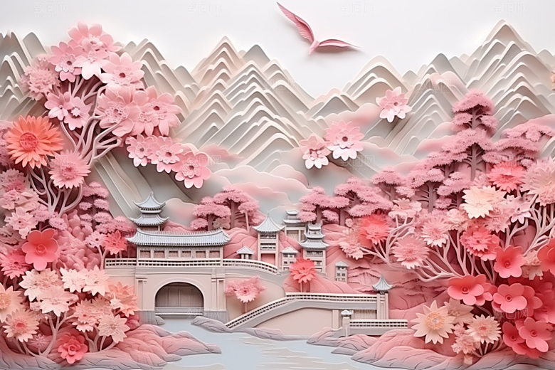 国潮风山水长城中式彩色剪纸