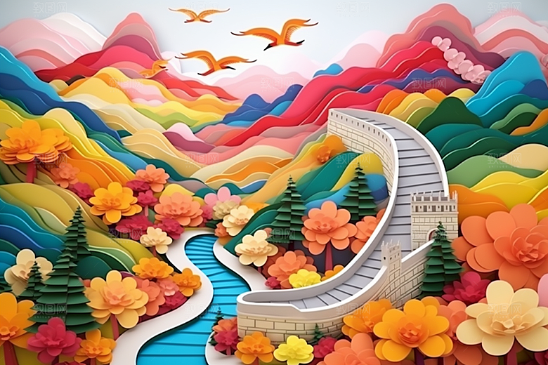 国潮风山水长城精致彩色剪纸