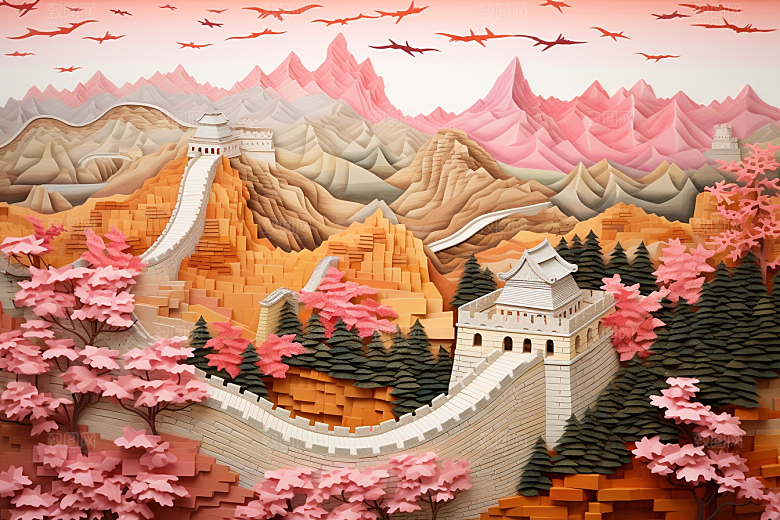 国潮风山水长城彩色山河剪纸