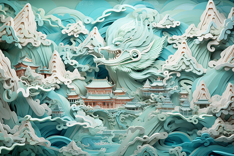 国潮风山水长城山河中式剪纸