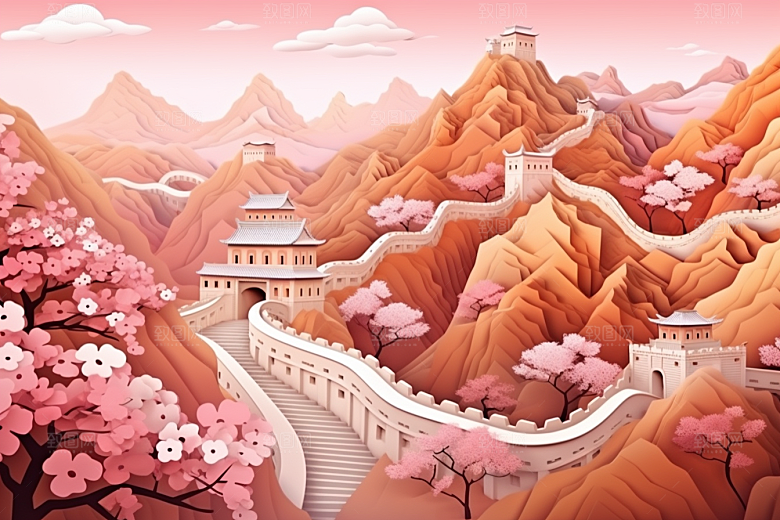 国潮风山水长城彩色中式剪纸