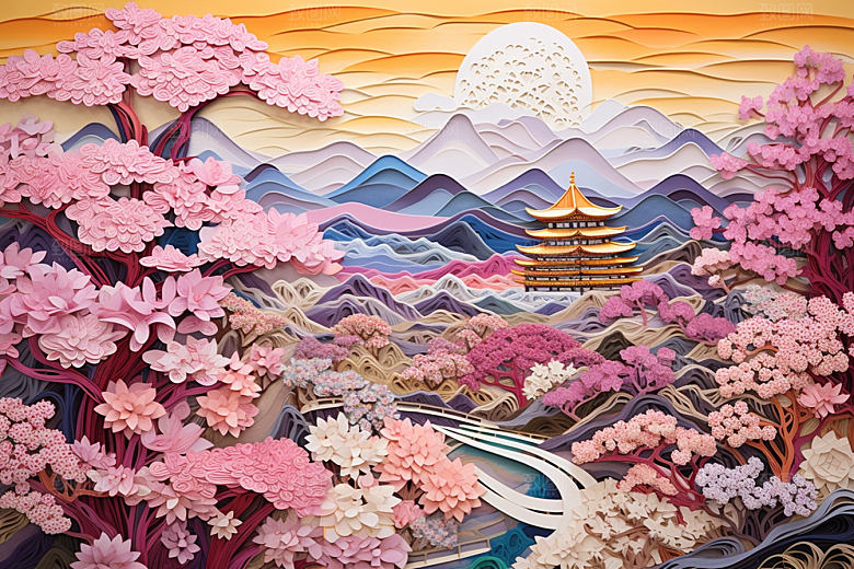 国潮风山水长城传统技艺山河剪纸