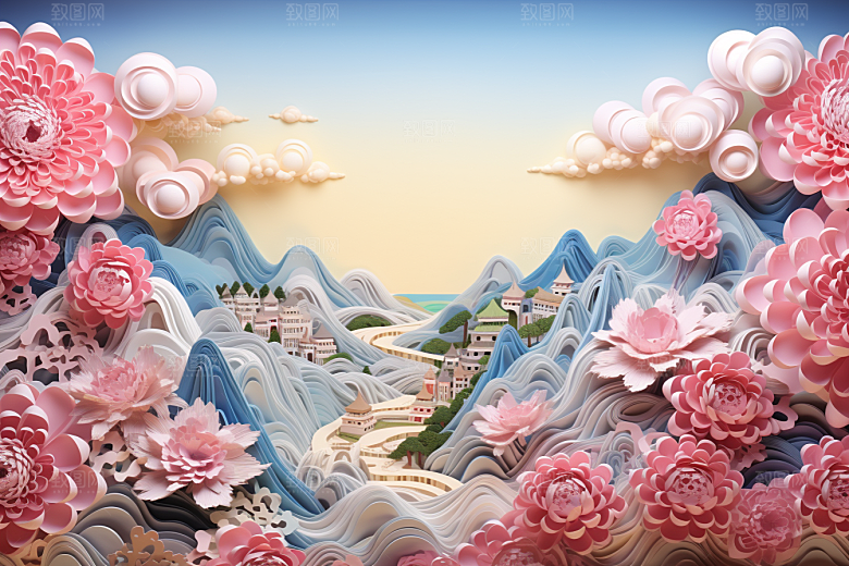 国潮风山水长城精致山河剪纸
