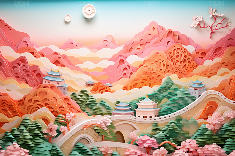 国潮长城工笔画层次剪纸