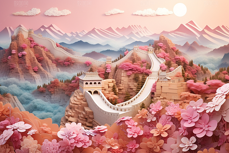 国潮长城新中式风光剪纸