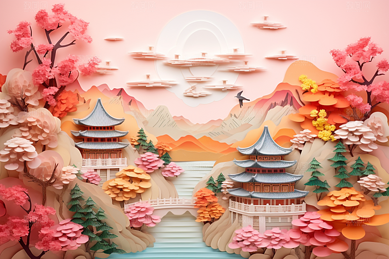 国潮长城工笔画艺术剪纸