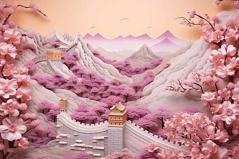 国潮长城新中式山水剪纸