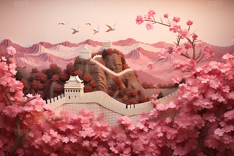 国潮长城风光工笔画剪纸