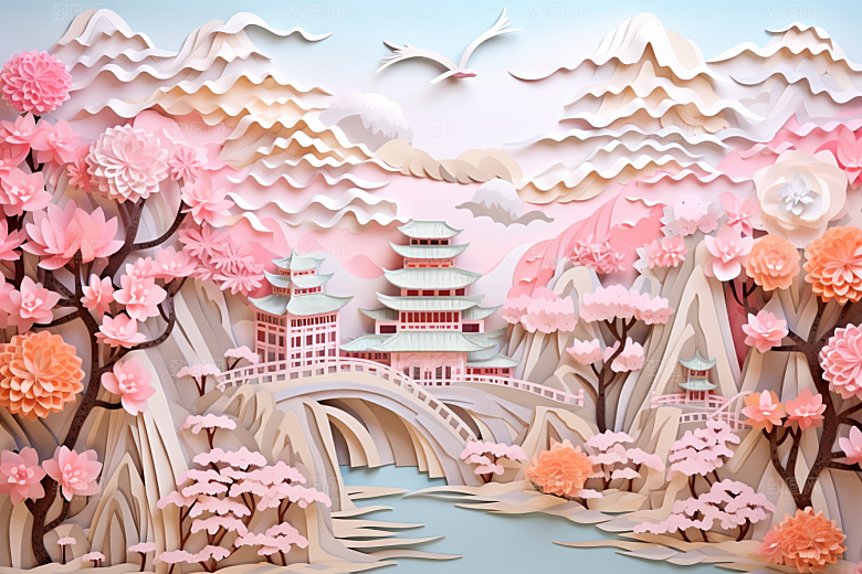 国潮长城工笔画艺术剪纸