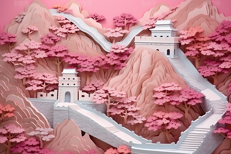 国潮长城山水新中式剪纸