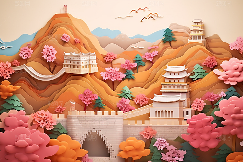 国潮长城工笔画层次剪纸