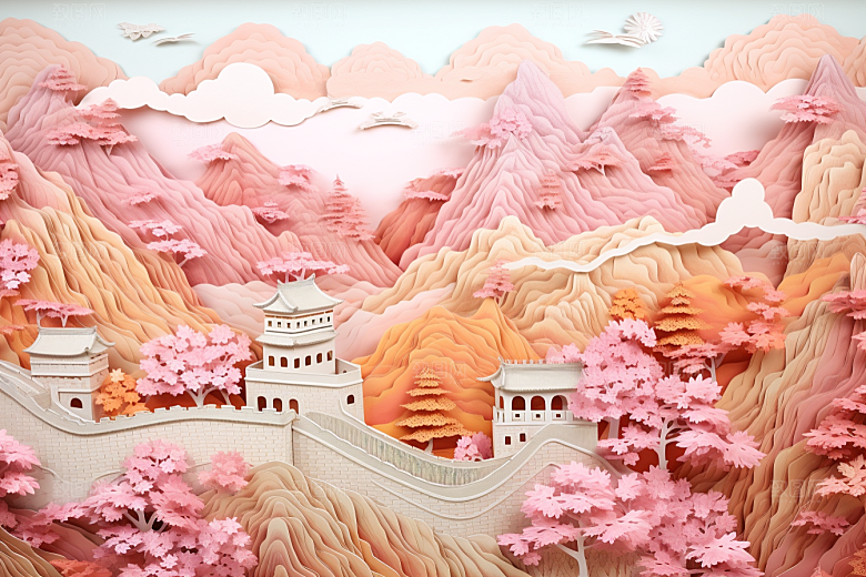 国潮长城层次工笔画剪纸