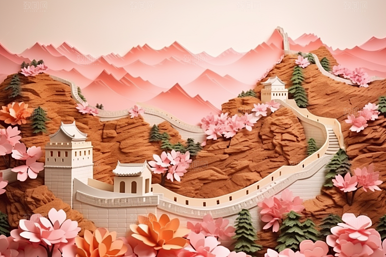 国潮长城新中式层次剪纸