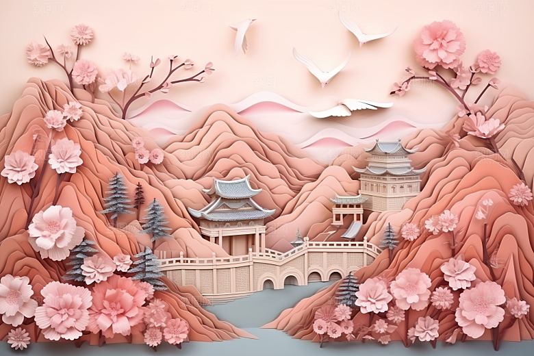 国潮长城山水工笔画剪纸