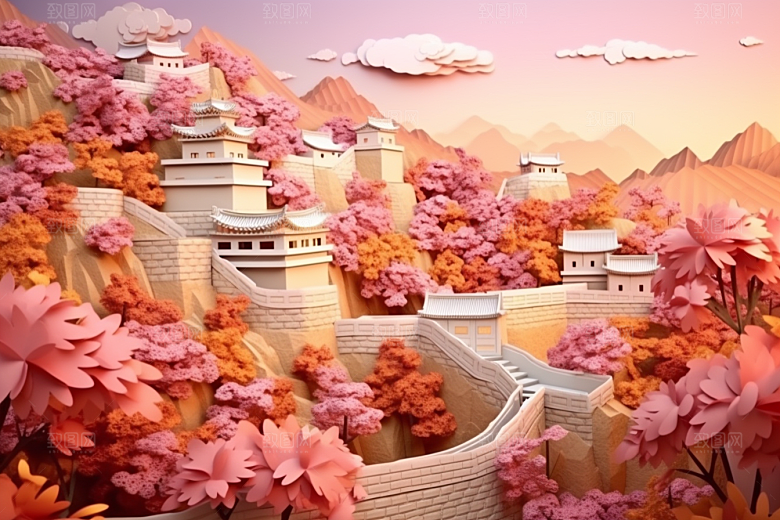 国潮长城风光艺术剪纸