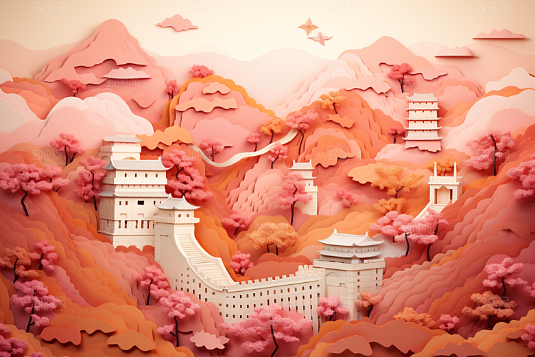 国潮长城立体工笔画剪纸