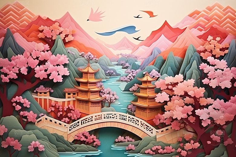 国潮长城层次风光剪纸