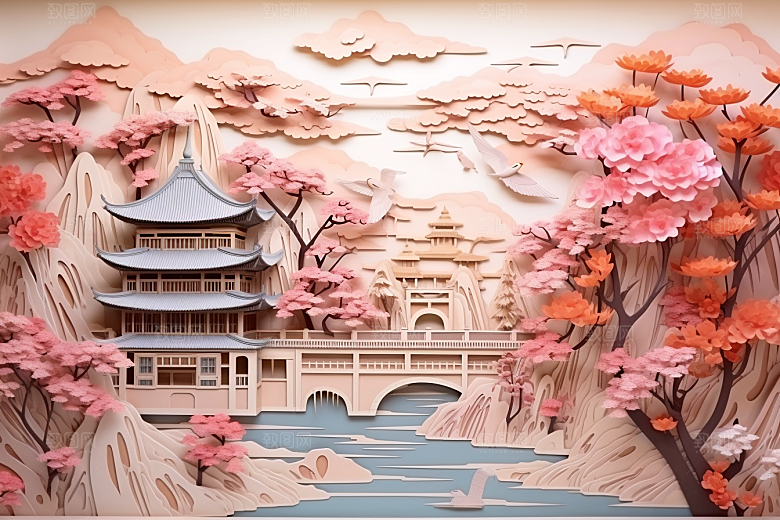 国潮长城层次工笔画剪纸