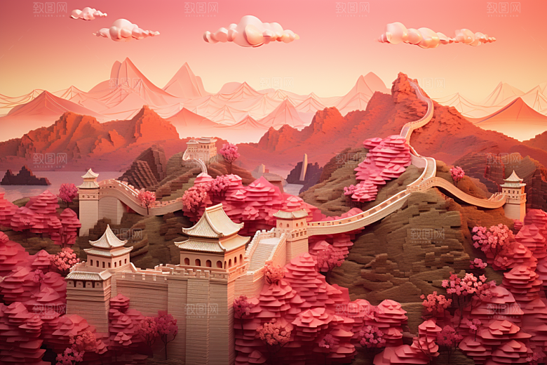国潮长城风光工笔画剪纸