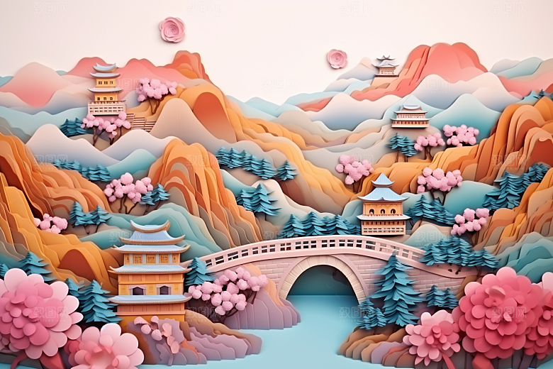 国潮长城风光层次剪纸