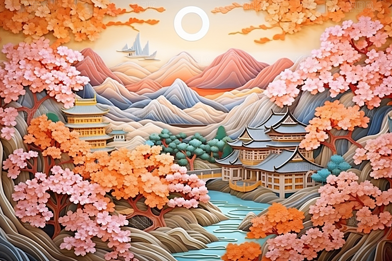 国潮长城山水新中式剪纸